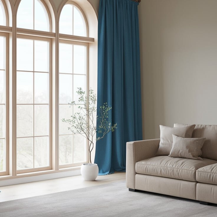 blue-wool-curtains-hanging-on-one-side-in-a-minimalist-living-room