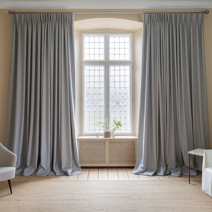 gray-wool-curtains-elegantly-hanging-on-both-sides-of-a-checkered-window