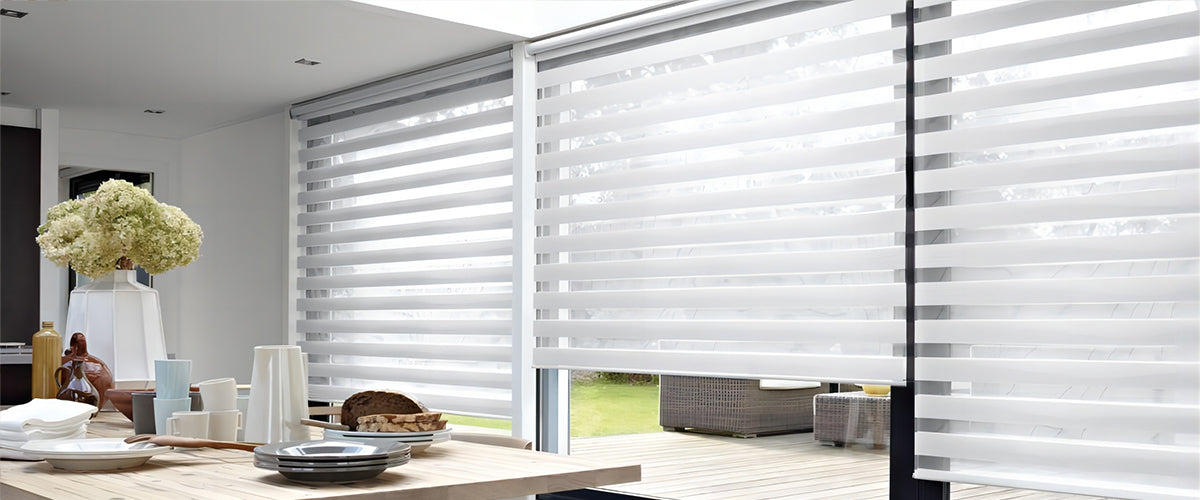 white-zebra-blinds-hanging-between-outdoor-and-indoor-for-privacy-protection