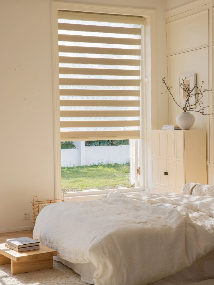 zebra-blinds-hanging-in-a-wood-toned-bedroom