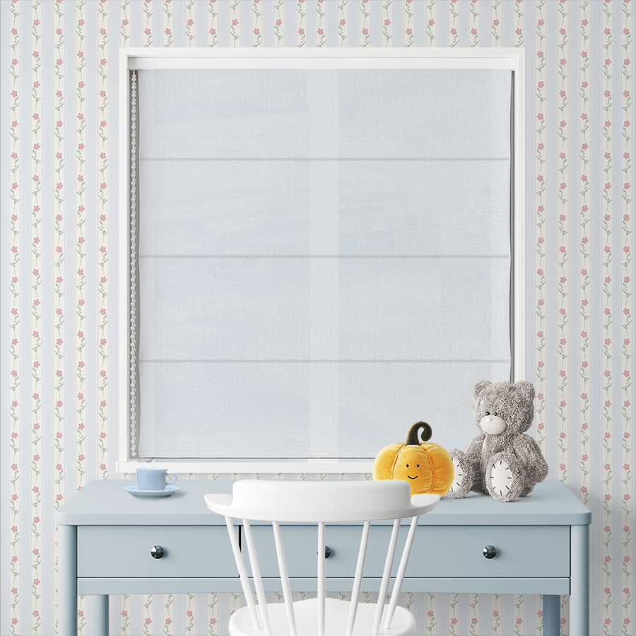 Pearl White roman shades with curtains